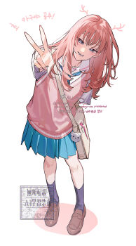 1girl arm_behind_back ayatsumugi_roka black_socks blue_neckerchief blue_skirt brown_bag brown_shoes brown_sweater_vest cho_kaguya-hime! commentary_request foreshortening full_body hand_up highres kitsune_(ly_howe) korean_commentary korean_text leaning_to_the_side loafers long_hair looking_at_viewer neckerchief pleated_skirt sailor_collar school_uniform serafuku shirt shoes skirt smile socks solo standing sweater_vest v white_shirt