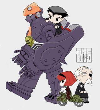 1girl 2boys balding bicycle big_o_(mecha) black_eyes black_hair black_hairband chibi chibi_only closed_eyes commentary copyright_name eyepatch facial_hair gakudou_(rom3boom) hairband mecha multiple_boys mustache norman_burg old old_man r_dorothy_wayneright red_hair riding riding_bicycle robot roger_smith short_hair simple_background the_big_o white_facial_hair white_hair