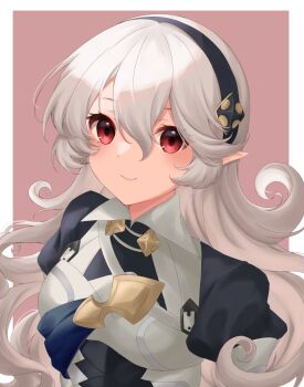 1girl armor black_hairband blush breasts closed_mouth commentary_request ell_0314 female_corrin_(fire_emblem) fire_emblem fire_emblem_fates grey_hair hair_between_eyes hairband highres long_hair looking_at_viewer nintendo pointy_ears red_eyes simple_background small_breasts smile solo upper_body