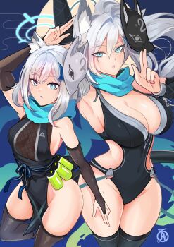 2girls animal_ear_fluff animal_ears black_gloves black_thighhighs blue_archive blue_eyes breasts choker cross_hair_ornament dress elbow_gloves extra_ears fox_mask gloves grey_hair hair_between_eyes hair_ornament halo highres large_breasts long_hair looking_at_viewer mask medium_hair mismatched_pupils multiple_girls ninja one-piece_swimsuit revolverwing shiroko_(blue_archive) shiroko_terror_(blue_archive) solo swimsuit thighhighs wolf_ears