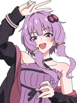 1girl absurdres arm_up bare_shoulders black_hoodie blush collarbone criss-cross_halter dress hair_ornament halterneck hashtag-only_commentary head_tilt highres hood hoodie long_sleeves lonsooooooooo looking_at_viewer open_mouth pink_hoodie purple_dress purple_eyes purple_hair ribbon short_hair_with_long_locks sidelocks simple_background single_off_shoulder smile solo teeth two-tone_hoodie upper_body upper_teeth_only v vocaloid white_background yuzuki_yukari
