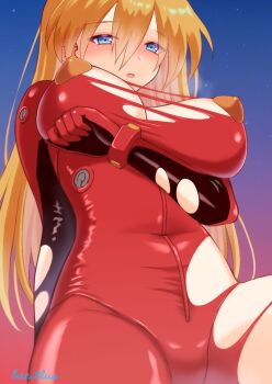 1girl :o aged_up alternate_breast_size_(larger) bacillus beach blue_eyes blush bodysuit breasts brown_hair cleavage curvy embarrassed evangelion:_3.0+1.0_thrice_upon_a_time floating_hair hair_down hanging_breasts heavy_breathing large_breasts long_hair neon_genesis_evangelion night night_sky on_water open_mouth outdoors rebuild_of_evangelion shiny_clothes shiny_skin sky souryuu_asuka_langley standing thighs torn_bodysuit torn_clothes tsundere wardrobe_malfunction wide_hips