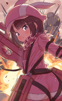 1girl animal_ear_headwear animal_ears belt black_belt blush brown_eyes brown_hair bullpup commentary_request explosion explosion_background fake_animal_ears gimi_00 gloves gun hat highres holding holding_gun holding_weapon jacket llenn_(sao) long_sleeves looking_at_viewer looking_back open_mouth p-chan_(p90) p90 pants personal_defense_weapon pink_gloves pink_hat pink_jacket pink_pants pouch solo submachine_gun sword_art_online sword_art_online_alternative:_gun_gale_online weapon