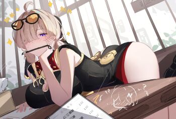 2girls absurdres ahoge belle_(zenless_zone_zero) black_dress blonde_hair blush breasts china_dress chinese_clothes cleavage cleavage_cutout clothing_cutout commentary_request dress elbow_rest eyewear_on_headwear gold_trim hair_between_eyes hair_over_one_eye hand_on_own_cheek hand_on_own_face highres indoors large_breasts leaning_on_table long_hair looking_at_viewer menu mouth_hold multiple_girls out_of_frame paintbrush purple_eyes short_twintails solo_focus sparkle sweety_(zenless_zone_zero) table thighs tinted_eyewear tissue_box twintails voi_271 zenless_zone_zero