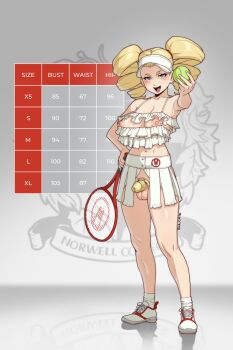 1girl ball blonde_hair blue_eyes chastity_cage clothing_request commentary dark-skinned_male dark_skin english_commentary frilled_shirt frills full_body futanari hat highres holding holding_tennis_racket looking_at_viewer nipples norwell_college racket revealing_clothes ringlets shirt shoes socks sulcate tennis_ball tennis_racket testicles visor_cap white_hat white_shirt white_shoes white_socks