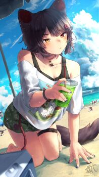 3girls aircraft airplane ange_katrina ange_katrina_(2nd_costume) animal_ears animal_print arm_support armpit_crease ball banken_(inui_toko) bare_shoulders beach beachball blue_nails blue_sky blurry blush bracelet breasts brown_hair brown_tail choker cleavage closed_mouth cloud collarbone commentary_request contrail cup day depth_of_field disposable_cup dog_ears dog_girl dog_tail drinking_straw dutch_angle floral_print floral_print_skirt flower green_skirt hair_flower hair_ornament heterochromia highres holding holding_cup inui_toko inui_toko_(summer_casual) jewelry katsu_of_shiro kneeling knees_together_feet_apart lace lace_choker leaning_forward lize_helesta lize_helesta_(2nd_costume) looking_at_viewer medium_breasts medium_hair miniskirt multiple_girls nail_polish nijisanji nose_blush off-shoulder_shirt off_shoulder outdoors pendant_choker print_shirt print_skirt red_eyes rope_belt sanbaka_(nijisanji) shirt shore short_sleeves signature skirt sky small_sweatdrop tail thigh_strap twitter_username virtual_youtuber white_shirt yellow_eyes