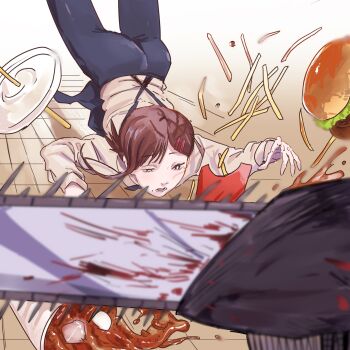 1girl 1other apron black_apron black_pants brown_hair burger chainsaw chainsaw_devil chainsaw_man falling food french_fries hair_ornament hairclip higashiyama_kobeni highres mole mole_on_cheek pants ponytail sharp_teeth shirt shirt_tucked_in short_hair short_ponytail single_sidelock spill takopi15 teeth tripping white_shirt