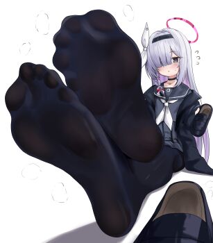 1girl absurdres black_pantyhose blue_archive blush feet grey_eyes grey_hair hair_over_one_eye hairband highres loafers long_hair looking_at_viewer lts_kakuyo pantyhose parted_lips plana_(blue_archive) shoes soles steam toes unworn_shoes