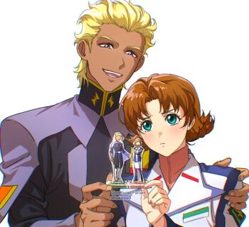1boy 1girl acrylic_stand_(object) blonde_hair blue_eyes blush boots brown_hair couple dark-skinned_male dark_skin dearka_elsman figure gundam gundam_seed gundam_seed_destiny gundam_seed_freedom hands_on_another&#039;s_shoulders jacket long_sleeves lukaaa mature_female medium_hair military_jacket military_uniform miriallia_haw open_mouth pale_skin parted_bangs purple_eyes swept_bangs upper_body zaft_(gundam) zaft_uniform