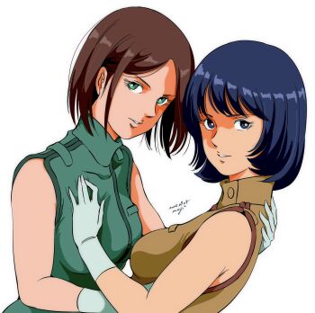 2girls aeug black_hair blue_eyes blue_hair breasts brown_hair emma_sheen fa_yuiry gloves green_eyes gundam highres looking_at_viewer military military_uniform multiple_girls open_mouth pgmajimaji science_fiction short_hair simple_background sleeveless smile upper_body white_background white_gloves zeta_gundam