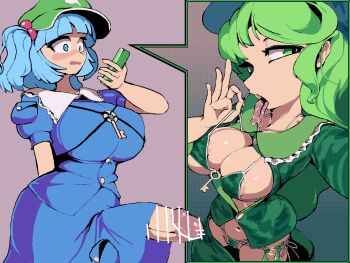 Rule 34 | 1girl, 1other, backpack, bag, bikini, blue hair, blue hat, boots, camouflage, camouflage dress, camouflage hat, camouflage headwear, camouflage jacket, camouflage shirt, camouflage skirt, erection, flat cap, front ponytail, futanari, green hair, green hat, green skirt, groin, hair bobbles, hair ornament, hat, highres, jacket, kawashiro nitori, navel, rubber boots, shirt, skirt, swimsuit, touhou, two side up, yado taityou, yamashiro takane