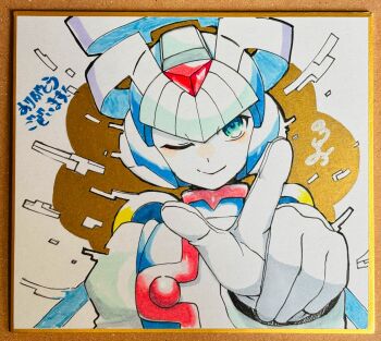 Rule 34 | 1boy, blue eyes, blue helmet, blue robe, cyber elf x (mega man), forehead jewel, gold border, helmet, highres, male focus, mega man (series), mega man zero (series), no-rishio, photo (medium), pointing, pointing at viewer, robe, shikishi, simple background, solo, traditional media, upper body, white background, x (mega man)