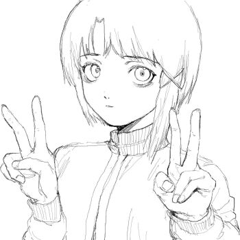 1girl bent_v expressionless greyscale hair_ornament iwakura_lain jacket jaggy_lines karasumaichiu long_sleeves looking_at_viewer middle_part monochrome parted_bangs portrait sanpaku serial_experiments_lain short_hair sidelocks simple_background sketch solo track_jacket v white_background x_hair_ornament