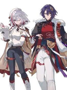 Rule 34 | 1boy, 1girl, beret, black coat, black pants, blue hair, boots, braid, changpao, chinese clothes, closed mouth, coat, colored inner hair, commentary, costume request, dr. ratio (honkai: star rail), feet out of frame, frilled sleeves, frills, fur-trimmed coat, fur trim, hair between eyes, hair intakes, hair ornament, hat, highres, honkai: star rail, honkai (series), leg ribbon, looking at viewer, minamiyori, multicolored eyes, multicolored hair, one eye closed, orange eyes, pants, parted bangs, red changpao, red hair, red shirt, ribbon, shirt, short hair, simple background, smile, streaked hair, sweater, symbol-only commentary, thigh ribbon, topaz (honkai: star rail), twitter username, two-tone hair, white background, white boots, white hair, white hat, white pants, white sweater