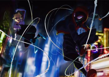 1boy 1girl black_shoes blonde_hair blue_eyes blurry blurry_background bodysuit breasts city commentary_request gwen_stacy hair_over_one_eye highres hood hood_down hoodie impossible_bodysuit impossible_clothes kudou_masashi marvel red_hoodie shoes small_breasts spider-gwen spider-man:_into_the_spider-verse spider-man_(miles_morales) spider-man_(series) spider-verse superhero_costume