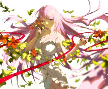 Rule 34 | 1girl, absurdres, armpit crease, bare shoulders, blue eyes, blurry, breasts, cleavage, collarbone, commentary, cowboy shot, depth of field, dress, eyelashes, flower, frilled dress, frills, hands up, highres, holding, holding flower, holding scissors, long hair, medium breasts, monogatari (series), purple hair, red flower, red ribbon, ribbon, scissors, senjougahara hitagi, sleeveless, sleeveless dress, smile, solo, symbol-only commentary, tabulagami, teeth, very long hair, white background, white dress