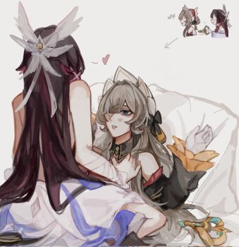 2girls bare_shoulders black_hair blue_eyes columbina_(genshin_impact) commentary dress eni_(enidaisy69) genshin_impact gloves grey_background grey_hair hashtag-only_commentary highres lipstick_mark lipstick_mark_on_face multiple_girls parted_lips purple_streaks sandrone_(genshin_impact) simple_background straddling white_dress white_gloves winding_key yuri