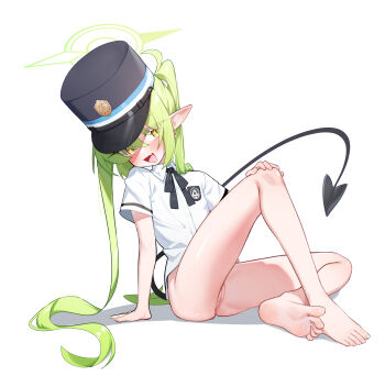 1girl absurdres barefoot black_tail blue_archive blush bottomless demon_tail fang feet full_body green_hair green_halo halo hat highres knee_up knees_apart_feet_together legs loli long_hair nozomi_(blue_archive) open_mouth peaked_cap pointy_ears pussy simple_background sitting skin_fang soles solo tail toes very_long_hair white_background whonyang