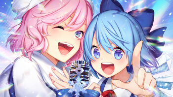 2girls :d ;d blue_background blue_bow blue_eyes blue_hair bow cirno commentary_request eighth_note hair_between_eyes hair_bow hat ice ice_wings index_finger_raised letty_whiterock looking_at_viewer microphone mikazuki_tsukiyo multiple_girls music musical_note musical_staff neck_ribbon one_eye_closed open_mouth pink_hair pink_nails ribbon short_hair singing smile teeth touhou upper_body upper_teeth_only white_hat wings