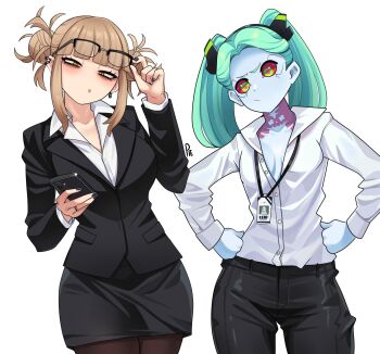 2girls :/ :t adjusting_eyewear alternate_costume artificial_eye artist_name black-framed_eyewear black_jacket black_nails black_pants black_skirt blonde_hair blunt_bangs boku_no_hero_academia breasts brown_pantyhose cellphone clenched_hands closed_mouth colored_sclera colored_skin commentary crossover cyberpunk:_edgerunners cyberpunk_(series) dot_mouth double_bun earrings english_commentary green_hair hair_bun half-closed_eyes hands_on_own_hips highres holding holding_phone id_card jacket jewelry lanyard lapels long_hair long_sleeves looking_at_viewer mechanical_eye messy_hair multiple_girls neck_tattoo notched_lapels office_lady over-rim_eyewear pants pantyhose partially_unbuttoned pencil_skirt phone pink_tattoo rebecca_(cyberpunk) red_pupils red_sclera ring semi-rimless_eyewear shirt shirt_tucked_in sidelocks signature skirt small_breasts smartphone tattoo toga_himiko twintails unusualpie white_shirt white_skin wing_collar yellow_eyes