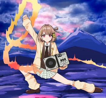 1girl arm_up black_necktie blush brown_hair brown_shoes brown_vest cloud cloudy_sky collared_shirt controller dynamic_pose fire full_body game_controller goten_(510gensoku) hair_ornament hair_rings holding holding_controller holding_game_controller jacket long_sleeves looking_at_viewer loose_socks miniskirt mountain multicolored_hair necktie outdoors plaid_clothes plaid_skirt red_eyes school_uniform sendo_yuuhi shirt shoes short_hair single_hair_ring skirt sky sleeves_past_wrists socks streaked_hair v-shaped_eyebrows vest virtual_youtuber vspo! white_shirt yellow_jacket