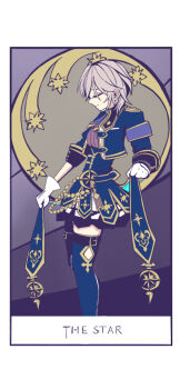 1girl absurdres anastasia_(idolmaster) blue_jacket blue_skirt blue_theme closed_eyes closed_mouth commentary_request crescent cropped_jacket gloves grey_hair high-waist_skirt highres idolmaster idolmaster_cinderella_girls idolmaster_cinderella_girls_starlight_stage jacket kawamochi_(kawauti919) long_sleeves open_clothes open_jacket purple_shirt shirt skirt smile solo tarot the_star_(tarot) white_gloves