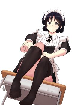 Rule 34 | 1girl, absurdres, black dress, black eyes, black hair, black thighhighs, closed mouth, desk, dress, hashtag-only commentary, highres, kujou meika, maid, maid day, maid headdress, meika-san wa oshikorosenai, no shoes, on desk, saitou shouki, school desk, second-party source, short hair, simple background, sitting, solo, thighhighs, white background