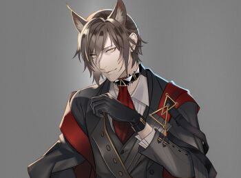 Rule 34 | 1boy, animal ears, ark1478, arknights, ascot, black gloves, black jacket, brown hair, cat boy, cat ears, choker, collared shirt, commentary request, formal clothes, gloves, grey background, hand up, highres, infection monitor (arknights), jacket, long sleeves, looking at viewer, male focus, material growth, official alternate costume, oripathy lesion (arknights), parted lips, phantom (arknights), phantom (dream within a dreammare) (arknights), shirt, short hair, simple background, smile, solo, suit, upper body, white shirt, yellow eyes