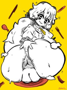 1girl anus ass ass_focus bacon black_eyes charlotte_wiltshire chicken_(food) closed_mouth colored_skin food fork fried_chicken from_behind hello_charlotte huge_ass light_blush long_hair looking_at_viewer looking_back patterned_background plate pussy ribbon sawl shirt signature sitting smile solo spread_anus sweat teeth thick_eyebrows white_hair white_shirt white_skin yellow_background yellow_ribbon