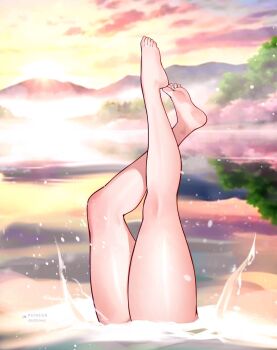 Rule 34 | 1girl, bare legs, barefoot, cloud, commentary, english commentary, feet, fog, furina (genshin impact), genshin impact, highres, inugami-ke no ichizoku pose, jaxdrawz, lake, leg focus, legs, legs together, legs up, lower body, morning, mountainous horizon, partially submerged, reflection, reflective liquid, solo, splashing, sunrise, swimming, synchronized swimming, thick thighs, thighs, tree, upside-down, water, watermark