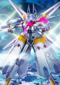 Rule 34 | 1girl, artoria pendragon (fate), blue background, breasts, bunbun, clenched hand, covered face, exoskeleton, fate/grand order, fate (series), glowing, glowing eyes, hands up, holding, holding polearm, holding weapon, legs apart, medium breasts, mysterious heroine x (fate), mysterious heroine xx (fate), mysterious heroine xx (first ascension) (fate), official art, pink scarf, polearm, power suit, scarf, solo, spear, third-party source, twinmyniad (fate), weapon