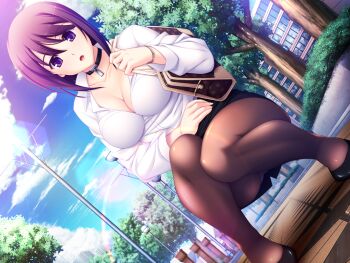1girl :o bag black_pantyhose bracelet breasts brown_pantyhose building bush choker cleavage cloud collar collarbone day dutch_angle game_cg handbag high_heels jewelry lamppost large_breasts large_variant_set lens_flare looking_at_viewer miniskirt nerawareta_megami_tenshi_angel_tear non-web_source office_lady official_art open_mouth outdoors panties panties_under_pantyhose pantyhose pantyshot pencil_skirt purple_eyes purple_hair shirt shizumi_suzune short_hair skirt sky solo squatting teacher tree tsukumo_kazuita underwear upskirt variant_set watch white_shirt wristwatch