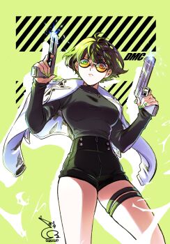 Rule 34 | 1girl, absurdres, baehee5502, black hair, black shorts, commentary request, dated, devil may cry (series), green eyes, green nails, gun, handgun, heterochromia, highres, holding, holding gun, holding weapon, jacket, korean commentary, lady (devil may cry), nail polish, red eyes, shorts, signature, thigh strap, tinted eyewear, weapon, white jacket