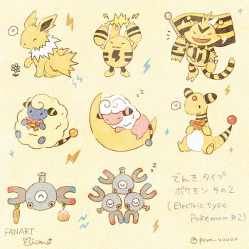 ampharos animal_focus bow carrot closed_eyes closed_mouth crescent electabuzz electricity elekid evolutionary_line flaaffy flag flower fluffy gen_1_pokemon gen_2_pokemon highres holding holding_flag jolteon magnemite magnet magneton mareep mian_(user_kwcj2833) nintendo no_humans on_crescent onion open_mouth pokemon pokemon_(creature) pokemon_focus sheep simple_background sleeping smile tail