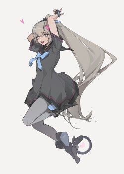 Rule 34 | 1girl, aqua neckerchief, arms up, black dress, black eyes, black gloves, chinese commentary, commentary, dress, fingerless gloves, from side, full body, gloves, grey background, grey hair, grey pantyhose, hair ornament, heart, heart hair ornament, high ponytail, highres, jumping, light blush, long hair, looking at viewer, midair, nanami: pulse (pgr), nanami (pgr), neckerchief, official alternate costume, open mouth, pantyhose, pleated skirt, ponytail, punishing: gray raven, roller shoes, sailor collar, sailor dress, shoes, short sleeves, simple background, skirt, smile, solo, symbol-shaped pupils, v, very long hair, wheel, x-shaped pupils, xtears kitsune