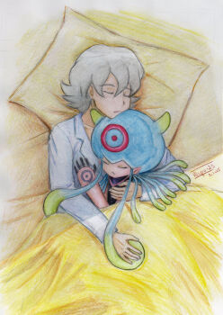 Rule 34 | absurdres, bed, digimon, digimon (creature), digimon ghost game, higashimitarai kiyoshiro, highres, hug, illupo-23, jellyfish girl, jellymon, monster girl, short hair, sleeping, tentacle hair, tentacles, white hair