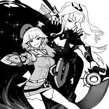 2girls breasts chef_hat cleavage detached_sleeves dismassd earrings feather_earrings feathers greyscale hat highres hololive hololive_english jewelry large_breasts long_hair looking_at_viewer monochrome mori_calliope mori_calliope_(1st_costume) multiple_girls open_mouth simple_background skirt smile takanashi_kiara takanashi_kiara_(1st_costume) thighhighs virtual_youtuber white_background