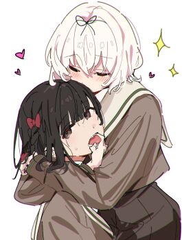 2girls absurdres atenaba black_hair black_ribbon blush bow braid brown_eyes brown_shirt closed_eyes commentary_request hair_bow hair_ribbon hanamura_hinako heart highres hug kitanai_kimi_ga_ichiban_kawaii long_sleeves medium_hair multiple_girls pulling_tongue red_bow ribbon sailor_collar school_uniform serafuku sezaki_airi shirt side_braid sweatdrop white_sailor_collar yuri