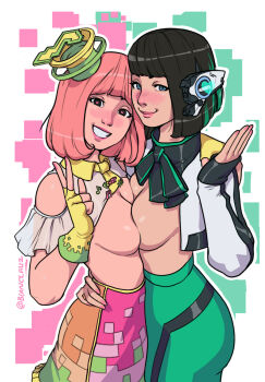 2girls android arm_around_shoulder arm_around_waist bare_shoulders black_eyes black_hair blanclauz blue_eyes blunt_bangs blush breast_press breasts cleavage clothing_cutout commission cowboy_shot cropped_jacket fingerless_gloves gloves green_hair green_hat green_pants grin hand_on_another's_shoulder hand_on_another's_waist hand_up hat hat_ornament heart heart-shaped_pupils highres humagear_headphones is_(kamen_rider_01) jacket kamen_rider kamen_rider_01_(series) kamen_rider_ex-aid_(series) large_breasts lipstick looking_at_viewer makeup mini_hat multicolored_hair multiple_girls musical_note musical_note_hat_ornament nail_polish necktie open_clothes open_jacket orange_skirt pants pink_hair pink_lips pink_nails pink_pupils pink_skirt poppi_pipopapo ringed_eyes robot_ears sharp_sign short_hair short_necktie shoulder_cutout sideboob skirt sleeves_past_wrists smile streaked_hair symbol-shaped_pupils symmetrical_docking topless_female two-tone_hair two-tone_skirt white_jacket yellow_gloves