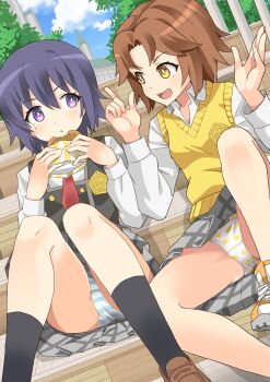 2girls black_jacket black_socks blue_sky bow bow_panties bright_pupils brown_hair brown_shoes building burger closed_mouth cloud collared_shirt commentary_request commission day eating emblem fang food foot_out_of_frame grey_skirt grid_print hands_up highres holding holding_burger holding_food index_finger_raised jacket light_blush loafers long_sleeves looking_at_another miniskirt multicolored_shoes multiple_girls necktie open_mouth outdoors panties pantyshot pixiv_commission pleated_skirt polka_dot polka_dot_panties purple_eyes red_necktie school_girl_strikers school_uniform shimouki_izui shirt shoes sideways_glance sitting sitting_on_stairs skirt sky sleeveless sleeveless_jacket smile sneakers socks stairs striped_clothes striped_panties sumihara_satoka sweater_vest takamine_ako tree underwear white_panties white_pupils white_sleeves wing_collar wooden_stairs yellow_sweater_vest