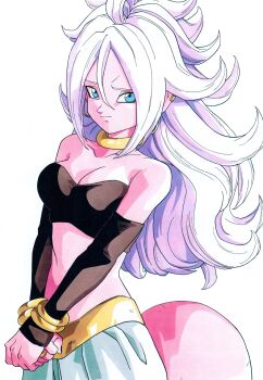 1girl absurdres android_21 bare_shoulders black_tube_top breasts cleavage closed_eyes collarbone colored_skin commentary cowboy_shot dragon_ball dragon_ball_fighterz earrings english_commentary grey_hair harem_pants highres hoop_earrings jewelry long_hair majin_android_21 medium_breasts navel pants pink_skin pink_tail pointy_ears silverwoodwork simple_background smile solo strapless tube_top white_background white_pants