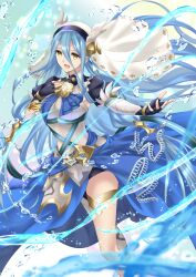 Rule 34 | 1girl, armor, armored dress, azura (fire emblem), azura (song&#039;s reflection) (fire emblem), black gloves, blue hair, commentary request, dress, fingerless gloves, fire emblem, fire emblem fates, fire emblem heroes, floating hair, gloves, hair between eyes, hand on own chest, highres, hydrokinesis, jewelry, kakiko210, long hair, long sleeves, necklace, nintendo, official alternate costume, open mouth, smile, solo, veil, very long hair, water, yellow eyes