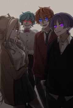 1girl 3boys alternate_costume arm_at_side belt belt_buckle black_belt black_pants black_skirt black_sleeves blonde_hair blouse blue_eyes blunt_ends bow bowtie breast_pocket brown_jacket brown_sleeves buckle casual collared_shirt commentary contemporary crossed_bangs curtained_hair dottore_(genshin_impact) dottore_(manga)_(genshin_impact) earrings english_commentary eyeliner eyeshadow genshin_impact glowing glowing_eyes gold_buckle grey_necktie grey_pantyhose grey_sweater grin hair_between_eyes hand_in_pocket hand_on_own_chin hand_on_own_hip hand_up highres jacket jewelry long_hair long_sidelocks long_sleeves looking_at_viewer makeup multiple_boys necktie open_clothes open_jacket orange_hair oriana0w0 pants pantyhose parted_lips pleated_skirt pocket purple_bow purple_bowtie purple_eyes red_eyeliner red_eyes red_eyeshadow red_sleeves red_sweater scaramouche_(genshin_impact) school_uniform sharp_teeth shirt sidelocks signora_(genshin_impact) single_hair_intake skirt smile smirk sweater tartaglia_(genshin_impact) teeth tongue upper_teeth_only very_long_hair white_background white_eyes white_mouth white_shirt wispy_bangs