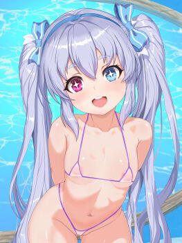 1girl absurdres arms_behind_back bikini blue_eyes blush bow breasts brown_dust_(series) brown_dust_2 collarbone commentary elf gluteal_fold grey_hair hair_between_eyes hair_bow hairband heterochromia highres long_hair looking_at_viewer micro_bikini navel nipples open_mouth pointy_ears pool purple_bikini red_eyes refithea_(brown_dust) see-through_bikini see-through_clothes small_breasts smile solo star-shaped_pupils star_(symbol) stomach swimsuit symbol-shaped_pupils teeth twintails upper_teeth_only very_long_hair yok265