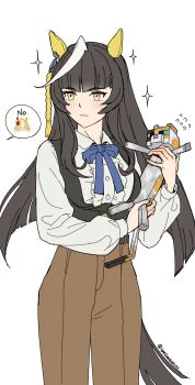 2girls ahoge animal animal_ears black_hair black_vest blonde_hair blue_ribbon breasts brown_pants calstone_light_o_(casual)_(umamusume) calstone_light_o_(umamusume) cat cat_(minecraft) center_frills closed_mouth cowboy_shot diagonal_bangs dress_pants durandal_(umamusume) ear_covers flying_sweatdrops frills highres holding holding_animal holding_cat horse_ears kej3516 light_frown long_hair long_sleeves medium_breasts minecraft multiple_girls neck_ribbon pants ribbon shirt simple_background solo_focus sparkle speech_bubble spoken_character standing umamusume very_long_hair vest white_background white_shirt white_streaks yellow_eyes