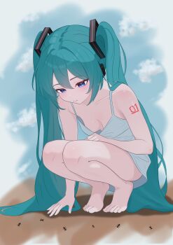 1girl absurdres ant aqua_eyes aqua_hair bare_legs barefoot breasts bug collarbone commentary dot_nose downblouse dress futatunoniji hair_between_eyes hair_ornament hatsune_miku highres insect long_hair looking_at_animal looking_down loose_clothes number_tattoo outdoors sand shoulder_tattoo sidelocks small_breasts squatting tattoo tiptoes toes twintails very_long_hair vocaloid white_dress