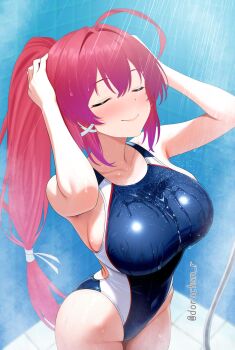 1girl ahoge armpits arms_up artist_name blue_one-piece_swimsuit breasts closed_eyes closed_mouth competition_swimsuit covered_navel cowboy_shot dorachan_r hair_ornament highres i-168_(kancolle) impossible_clothes impossible_swimsuit kantai_collection large_breasts long_hair low-tied_long_hair one-piece_swimsuit ponytail red_hair shower_(place) showering smile solo swimsuit twitter_username very_long_hair water x_hair_ornament