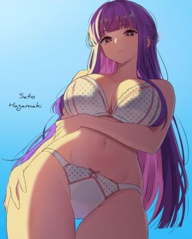 1girl artist_name blue_background blunt_bangs bow bow_bra bow_panties bra breasts closed_mouth commentary cowboy_shot english_commentary expressionless fern_(sousou_no_frieren) from_below half_updo hand_on_own_thigh highres large_breasts long_hair looking_at_viewer looking_down navel panties polka_dot polka_dot_bra polka_dot_panties purple_eyes purple_hair sato_hagamaki solo sousou_no_frieren standing stomach straight_hair thigh_gap underwear underwear_only white_bra white_panties