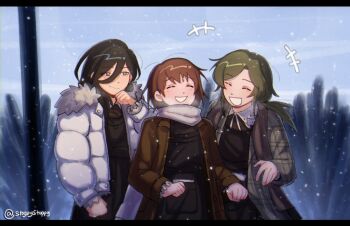 Rule 34 | 3girls, :d, ^ ^, apron, asya shubina, black apron, black hair, brown dress, brown hair, closed eyes, commentary, down jacket, dress, english commentary, green eyes, green hair, highres, ira grachevskaya, jacket, laughing, letterboxed, marina kaplan, multiple girls, open mouth, scarf, school uniform, smile, smirk, snowing, soviet school uniform, stoopystuppy, twitter username, white jacket, white scarf, z.a.t.o. // i love the world and everything in it