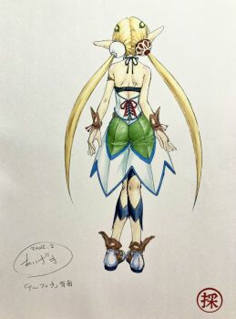 1girl aizaki_katsumi alfina_(grandia) blonde_hair character_name dated full_body grandia grandia_iii hair_ornament hairpin leggings long_hair official_art pointy_ears reference_sheet shoes simple_background solo standing traditional_media twintails very_long_hair white_background